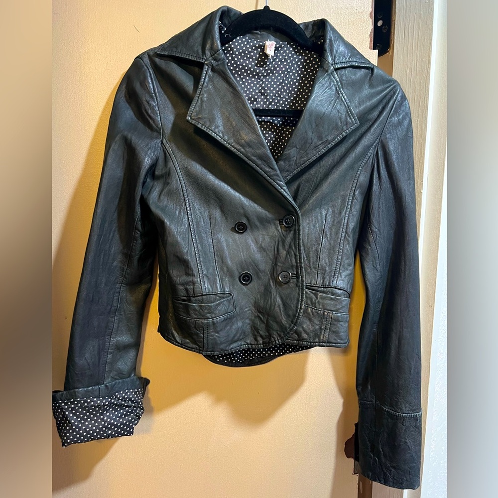 Joie polka dot trim crop leather jacket